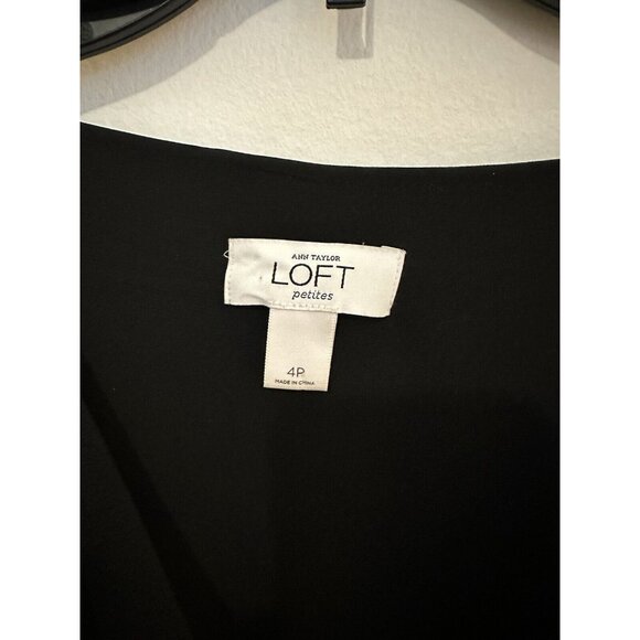 EUC Ann Taylor Black Dress Size 4P Petites Loft Bow Shoulder V Neck Pleated  $98 - Picture 4 of 9